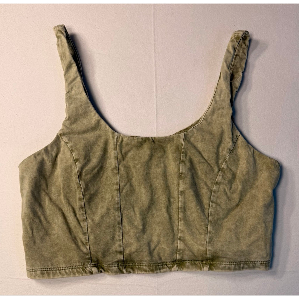 Olive Green Cropped Tank Top Y2K Minimal Kendall Jenner Pilates Core Top Large - Picture 2 of 5